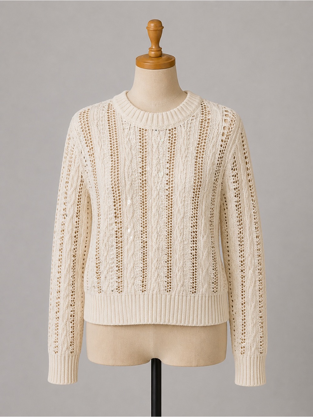 Style & Co. Cream Openwork Cable-Stripe Crew Sweater